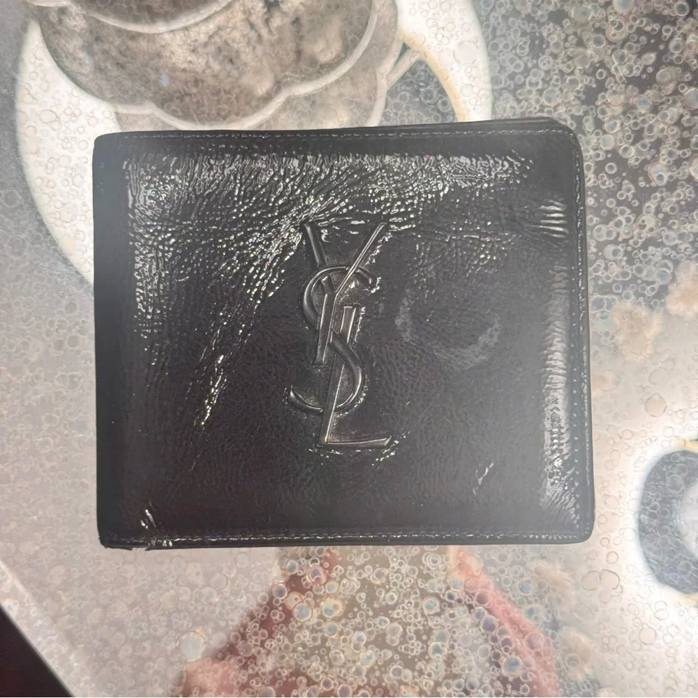 Saint Laurent Black Patent Leather Money Clip Wallet with YSL Logo